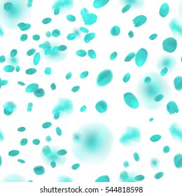 Beautiful light spring background seamless pattern with turquoise flying petals. Floral romantic white vector background.