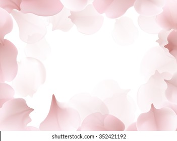 Beautiful light spring frame with pink flying petals of sakura - Japanese cherry tree. Floral romantic white wallpaper. Vector illustration