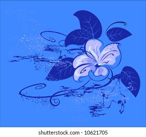 beautiful light stylized flower with dark sheet with grunge texture on turn blue background