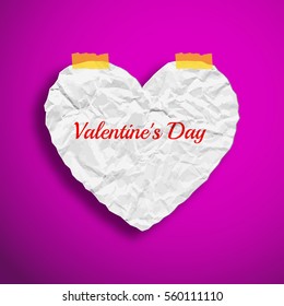 Beautiful light template with white crumpled paper romantic heart on purple background isolated vector illustration