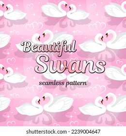 Beautiful light white swans in pairs on a pink background with hearts. Romantic pattern, vector illustration