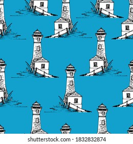 Beautiful lighthouse by the sea. Hand-drawn ink graphics. Coloring book for children and adults. Lighthouse, house, reeds, stairs. For textiles, wallpaper, design paper. Stock graphics Isolate. Marine