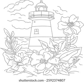 Beautiful Lighthouse with Floral Scenery Detailed Black and White Line Art for Coloring on white Background