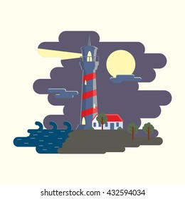 Beautiful lighthouse in the night sky background. Flat illustration. This illustration depicts marvelous lighthouse on a seaside under the moon.