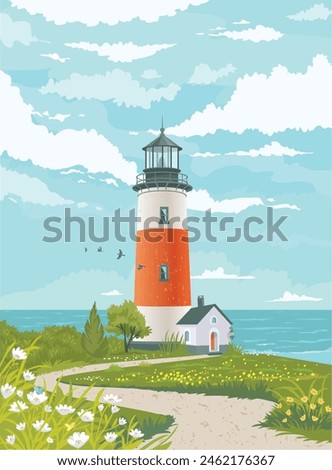 Beautiful lighthouse in summer. Vector illustration