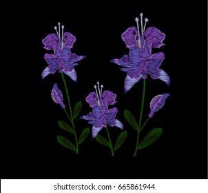 Beautiful lilac flowers fuchsia. Embroidery of jeans. Embroidery is smooth. Vector illustration on a black background