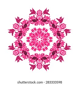 Beautiful lilac mandala floral round ornament on white background , design element, greeting card. Vector.