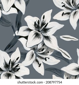 Beautiful lilies flowers seamless pattern on gray background vector illustration