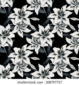 Beautiful lilies flowers seamless pattern on black background vector illustration