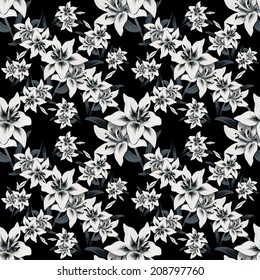 Beautiful lilies flowers seamless pattern on black background vector illustration