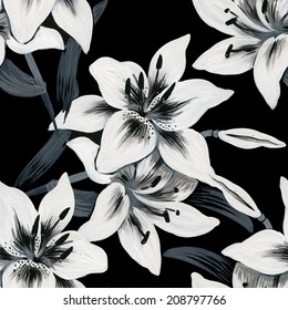 Beautiful lilies flowers seamless pattern on black background vector illustration