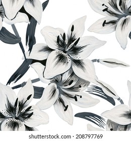 Schöne Lilienblumen, nahtloses Muster auf weißem Hintergrund, Vektorgrafik