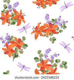 Beautiful lilies, lavender, eucalyptus and dragonflies on a white background. Seamless vector illustration. For decorating textiles, packaging, wallpaper.