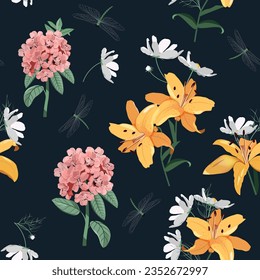 Beautiful lilies, rhododendron and dragonflies on a black background. Seamless vector illustration. For decorating textiles, packaging, wallpaper.