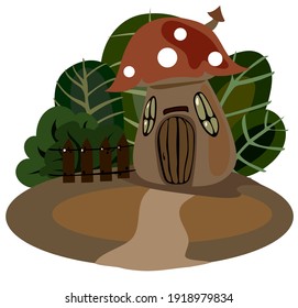
beautiful lillustation, fabulous children's house fly agaric on the background of a forest with a meadow and a path, for children