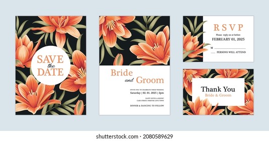 Beautiful Lily flower background template. Vector set of floral element for wedding invitations, greeting card, envelope, voucher, brochures and banners design.