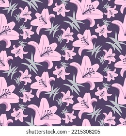 Beautiful lily flowers for feminine fabric print. Charming lilac floral seamless pattern for girly fashion dress, nice home textiles, spring holiday decor. Botanical texture for elegant cases, covers.