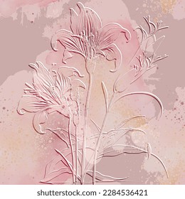 Beautiful lily flowers textured 3d seamless pattern. Floral embossed watercolor pink lilies background. Grunge dirty colorful backdrop. Line art  flowers, leaves. Relief hand drawn surface ornament.