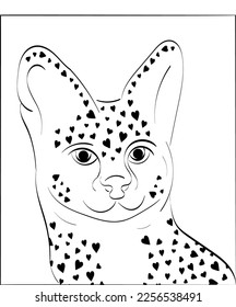 Beautiful line art big cat, serval heart printed. Transparent vector. Coloring book, tattoo style for print, sticker.