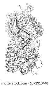 Beautiful line art and coloring book koi fish.Traditional Japanese carp with poppy flower and peach blossom on water splash background.Koi fish tattoo design.