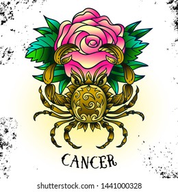 Beautiful line art filigree symbol. Black sign on vintage background.Elegant jewelry tattoo.Engraved horoscope symbol.Doodle mystic drawing with calligraphy lettering.Cancer