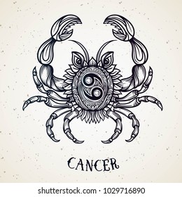 Beautiful line art filigree zodiac symbol. Black sign on vintage background. Elegant jewelry tattoo. Engraved horoscope symbol. Doodle mystic drawing with calligraphy lettering. Cancer