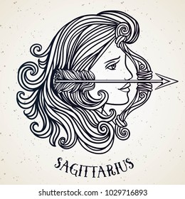 Beautiful line art filigree zodiac symbol. Black sign on vintage background. Elegant jewelry tattoo. Engraved horoscope symbol. Doodle mystic drawing with calligraphy lettering. Sagitarius