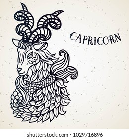 Beautiful line art filigree zodiac symbol. Black sign on vintage background. Elegant jewelry tattoo. Engraved horoscope symbol. Doodle mystic drawing with calligraphy lettering. Capricorn