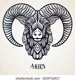 Hermoso símbolo de filigree zodiac de línea de arte. Signo negro en fondo vintage. Elegante tatuaje de joyas. Símbolo de horóscopo grabado. Dibujo místico Doodle con letras caligráficas. Aries