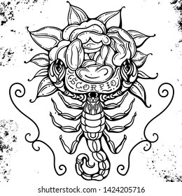 Beautiful line art filigree zodiac symbol. Black sign on vintage background. Vector clipart. Elegant jewelry tattoo. Scorpio