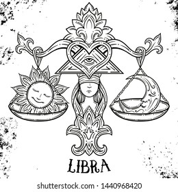 Beautiful line art filigree zodiac symbol. Black sign on vintage background.Elegant jewelry tattoo.Engraved horoscope symbol.Doodle mystic drawing with calligraphy lettering.Libra