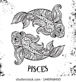 Beautiful line art filigree zodiac symbol. Black sign on vintage background.Elegant jewelry tattoo.Engraved horoscope symbol.Doodle mystic drawing with calligraphy lettering.Pisces