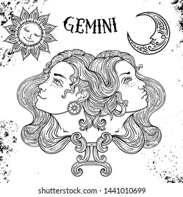 Beautiful line art filigree zodiac Black sign on vintage background.Elegant jewelry tattoo.Engraved horoscope symbol.Doodle mystic drawing with calligraphy lettering.Gemini