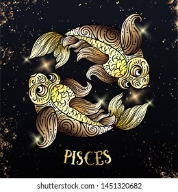 Beautiful line art filigree zodiac s sign on vintage background. Elegant jewelry tattoo.For printing Removable Temporary Tattoo Sticker Body Art Multicolor. Pisces. Line art vintage tattooo