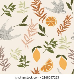 Beautiful Line art flying Birds in Tropical Leaves. Boho Seamless pattern with Tropical leaves and Citrus fruits background.