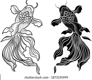 Beautiful line art of gold fish vector illustration.Koi fish for printing on shirt on white isolated background.Hand drawn Gold fish vector for sticker.