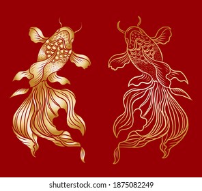 Beautiful line art of gold fish vector illustration.Koi fish for printing on shirt on white isolated background.