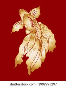Beautiful line art of gold fish vector illustration.Koi fish for printing on white isolated background.gold line fish vector on red background.