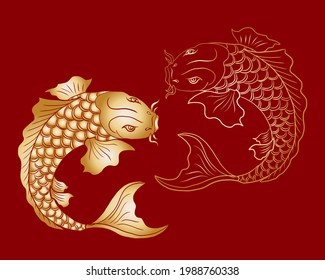 Beautiful line art of gold fish vector illustration.Koi fish for printing on shirt on white isolated background.