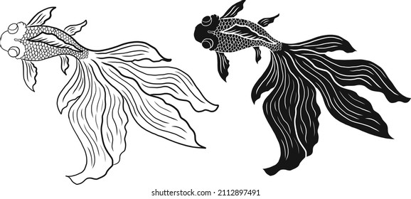 Hermosa línea de arte de la ilustración del vector del pez dorado. Pescado Koi para imprimir en camisa sobre fondo aislado blanco.