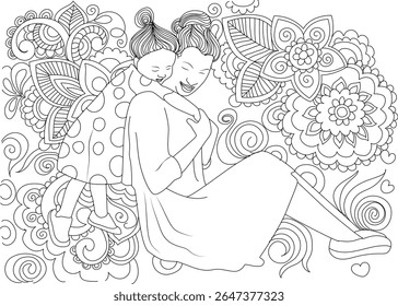 Bela ilustração de arte de linha de uma mãe amorosa abraçando seu filho, cercado por padrões florais e mandala intrincados, perfeito para um livro de colorir adulto relaxante ou atividade das crianças.