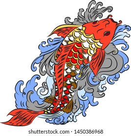 Beautiful line art Koi carp tattoo design ,colorful koi fish and flower. Idea for tattoo and coloring books.