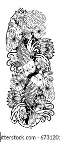 Beautiful line art Koi carp tattoo design ,Black and white koi fish and flower,Japanese tattoo with sakura and lotus flower,chinese tattoo with marigold flower.