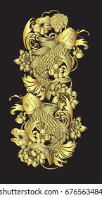 Beautiful line art Koi carp tattoo design ,Gold koi fish and flower on black background.