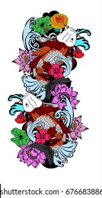 Beautiful line art Koi carp tattoo design ,colorful koi fish and flower.Traditional Japanese culture art for printing on white background. 