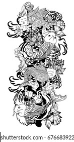 Beautiful line art Koi carp tattoo design ,Black and white koi fish and flower.Traditional Japanese culture art for printing on white background. 