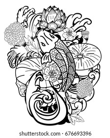 Beautiful line art Koi carp tattoo design ,Black and white koi fish and flower.Traditional Japanese culture art for printing on white background.  