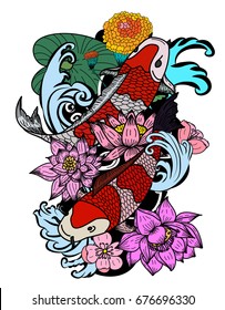 Beautiful line art Koi carp tattoo design ,colorful koi fish and flower .Traditional Japanese culture art for printing on white background. 