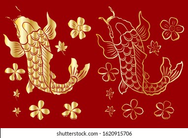 Beautiful line art of koi fish for printing on white isolated background.Japanese culture of koi fish carp vector illustration for doodle art.Koi fish for rich and wealth with Chinese new year 