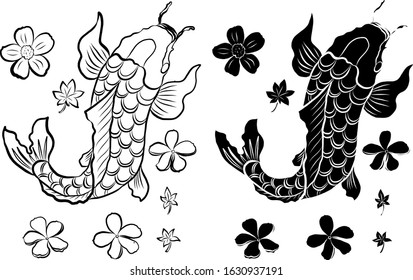 Beautiful line art of koi fish for printing on white isolated background.Japanese culture of koi fish carp vector illustration for doodle art.Koi fish for rich and wealth with Chinese new year 